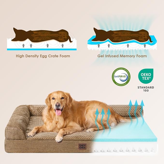 EHEYCIGA Memory Foam Dog Bed Large Size Dogs, Orthopedic Dog Bed Large with Washable Removable Cover, Waterproof Pet Sofa Couch with Nonskid Bottom, 36x27x6, Camel | Washable Removable Cover, Waterproof Flat Pet Sofa Couch with Nonskid Bottom, 36x27x6