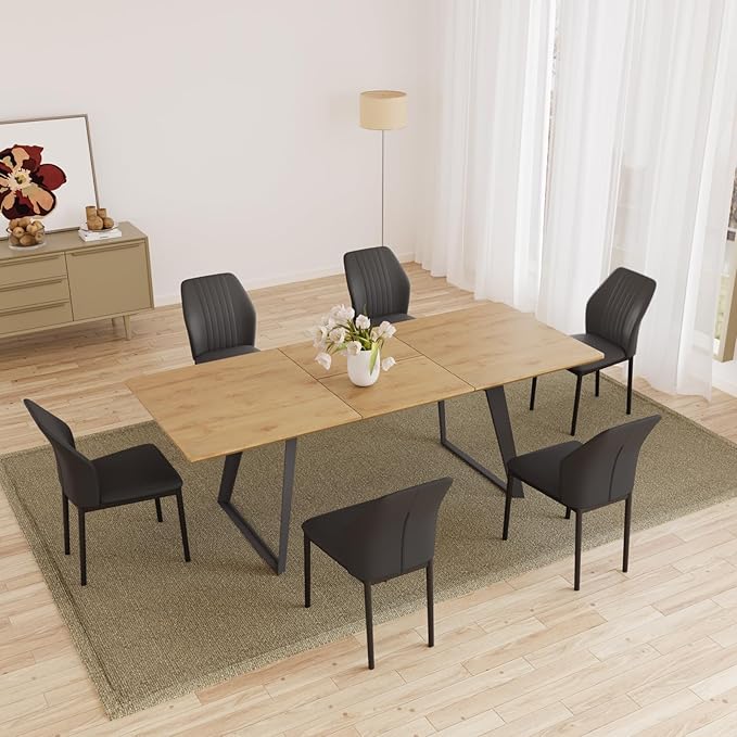 ZckyCine 63"-79" Expandable 6 Person Dining Table Set - Modern Oak Color Table with 6 Black Chairs, Dining Room Dining Table Set for Kitchen and Dining Room