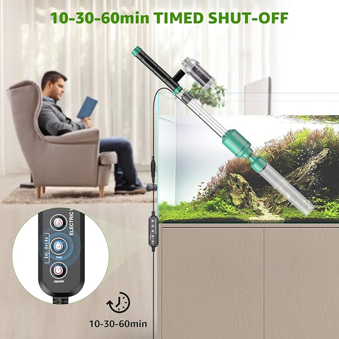 Electric Aquarium Vacuum Gravel Cleaner: 24W Fish Tank Vacuum Gravel Cleaner with Strong Suction for Automatic Water Change Algae Remover Sand Wash Water Shower and Water Circulation, Timed Off
