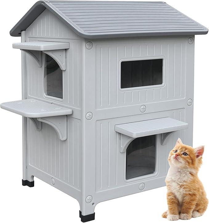 Plastic Outdoor Cat House with Escape Door, Waterproof 2 Story Outdoor Houses for Feral Cats Outside Cat Shelter, Spacious, Clean and Assemble Easily