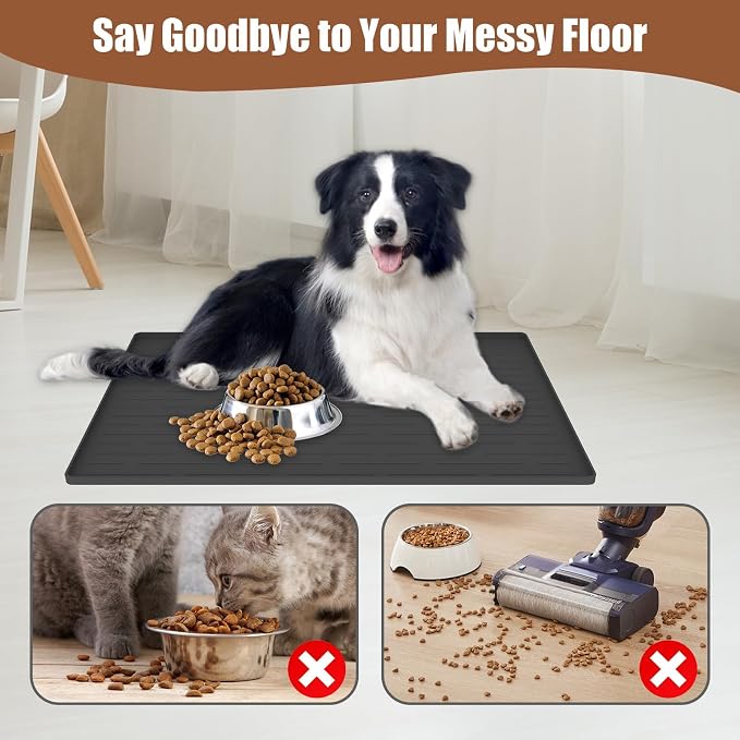 24"x16" Large Dog Food Mat, Silicone Dog and Cat Mats for Food and Water Bowls, Waterproof Raised Edge Pet Feeding Mat for Contain Spills Protects Floors, Multiple Colors & Sizes for Pets, Beige