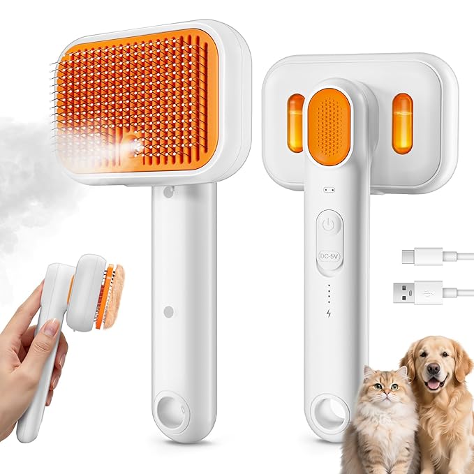 3-in-1 Pet Grooming Brush with Cool Mist & Self-Cleaning - Rechargeable Deshedding Tool for Dogs Cats, Extra Wide Comb, Water Window, Safe for All Coats