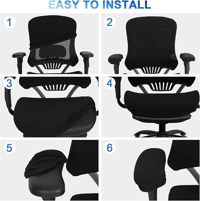 Tallew 8 Pcs Office Chair Covers Set Computer Universal Protective Stretchable Chair Seat Covers Desk Armrest Slipcovers Pads Office Cushion Backrest for Rotating (XL,Black)