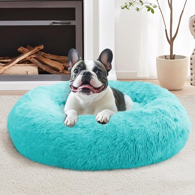 JOLLYVOGUE Calming Dog Bed for Small Dogs - 23 inches Donut Washable Small Dog Bed for Kittens & Puppies, Anti-Slip Round Fluffy Plush Faux Fur Cat Beds (Fits up to 25 lbs Pets, Aqua Blue)
