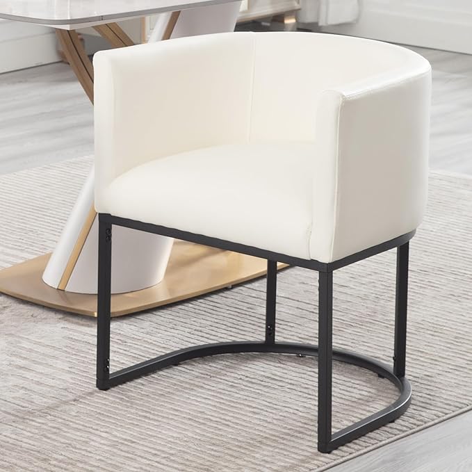 Faux Leather Dining Chair Modern Barrel Arm Chairs with Black Metal Frame, Upholstered Kitchen Chairs 18.5" Wide Accent Chair for Living Room Dining Room Restaurant, White