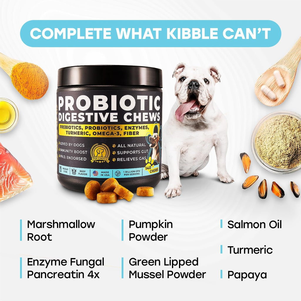 Probiotics for Dogs - PhD Endorsed Digestive Enzymes - Gut Health, Diarrhea & Bowel Support - Dog Treats with Turmeric, Omega-3 & Fiber - Immune Soft 140 Chews - Beef Flavor - Made in USA