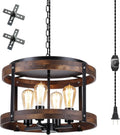 4-Light Large Rustic Farmhouse Plug in Pendant Light Fixture with Adjustable Chain, Dimmable Switch, 16.5 inch Oak Wood Drum Hanging Lamp for Dining Room Living Room Farmhouse Entry, Black