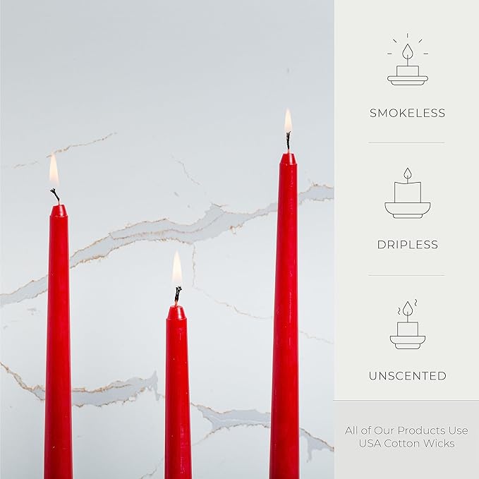 Bask 10-inch Taper Candles - Unscented and Dripless - Burns for 8 Hours - Home Decor for Dinner Table, Kitchen, and Bedroom - Perfect for a Romantic Date or Anniversary - 12-Pack - Red