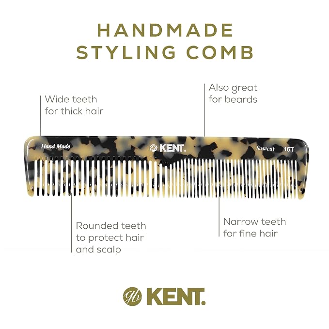 Kent 16T TW Fine Tooth and Wide Tooth Comb for Daily Grooming, Handmade Styling Comb for All Hair Types, Styling and Detangling Combs for Men and Women