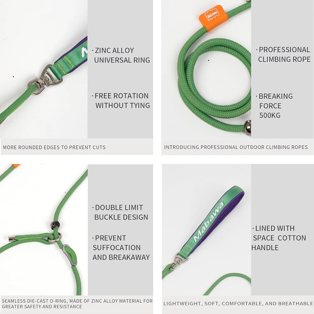 Dog Anti-Slip Leash 5FT with Metal Stopper - Durable No-Pull Training Lead for Small, Medium & Large Dogs - Comfortable Handle Nylon Rope, Tangle-Free Pet Walking Leash (Green, 5.6FT)