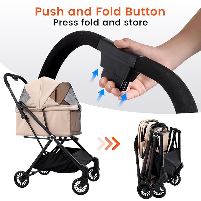 4 Wheels Pet Stroller, One-Step Folding Puppy Cage Jogger Stroller with Sun Cover, Pad and Breathable and Visible Mesh for Small/Medium Pets up to 50 lbs
