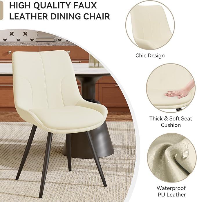 Upholstered Dining Chairs Set of 6, Modern Faux Leather Dining Room Chairs with Thick Cushion and Metal Legs, Kitchen Chairs with Back for Dining Room, Cream