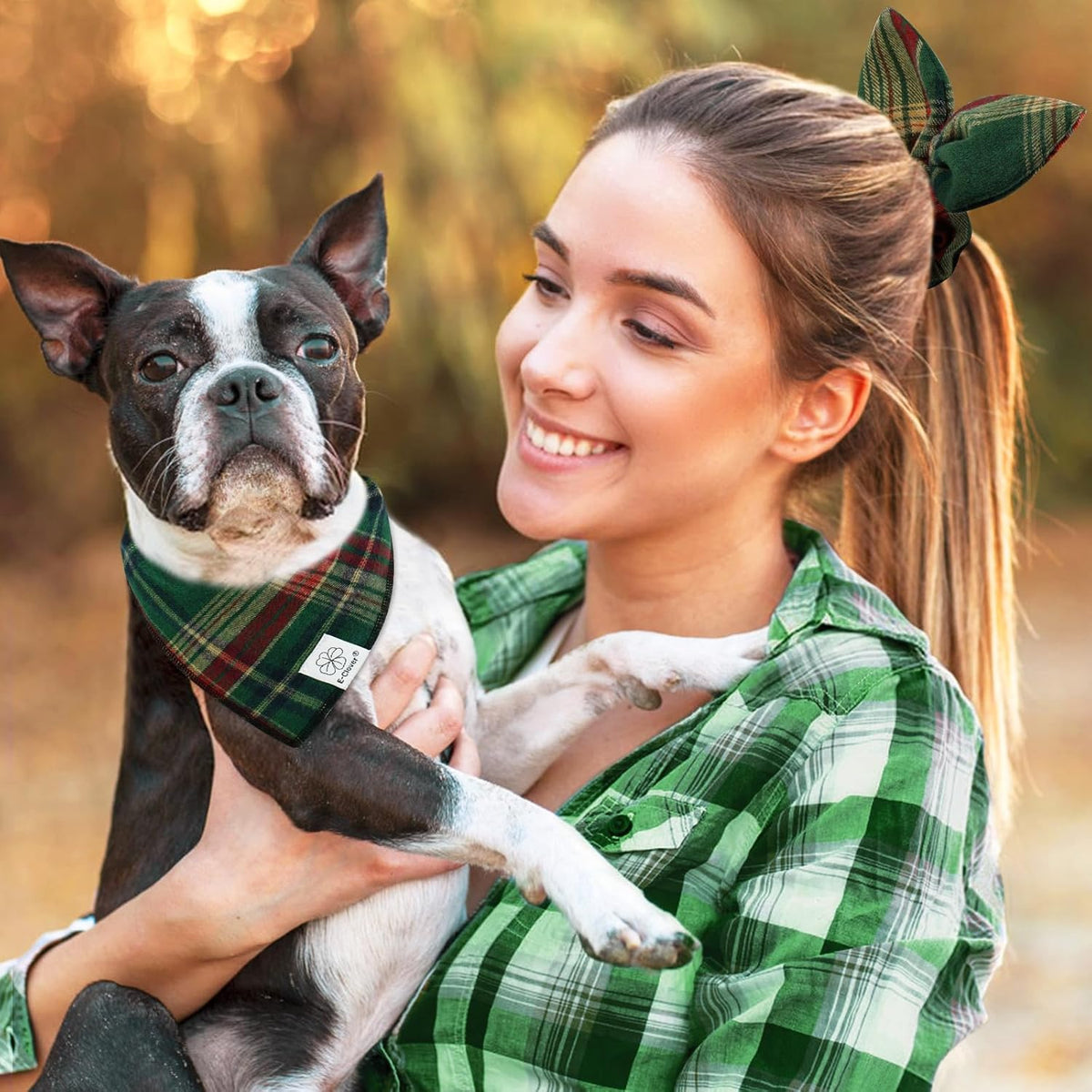 E-Clover Dog Bandana & Matching Scrunchie - Green Red Plaid Pet Scarf, Cute Costumes Accessories for Small Medium Large Dogs