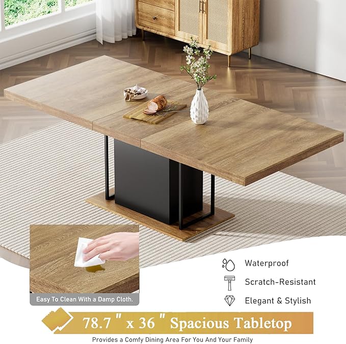 Goujxcy 78.7" Farmhouse Extendable Dining Room Table Set for 6, 7-Piece Rectangle Kitchen Dining Room Table Set with Wood Base and 6 Orange Velvet Dining Chairs, Extending Kitchen & Dining Table Set