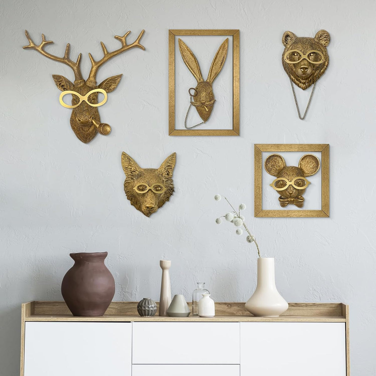 Animal Heads Wall Decor, animal wall art,Resin Animal Head Wall Hanging Decoration for Living Room Bedroom Office Kitchen Gift,5pcs