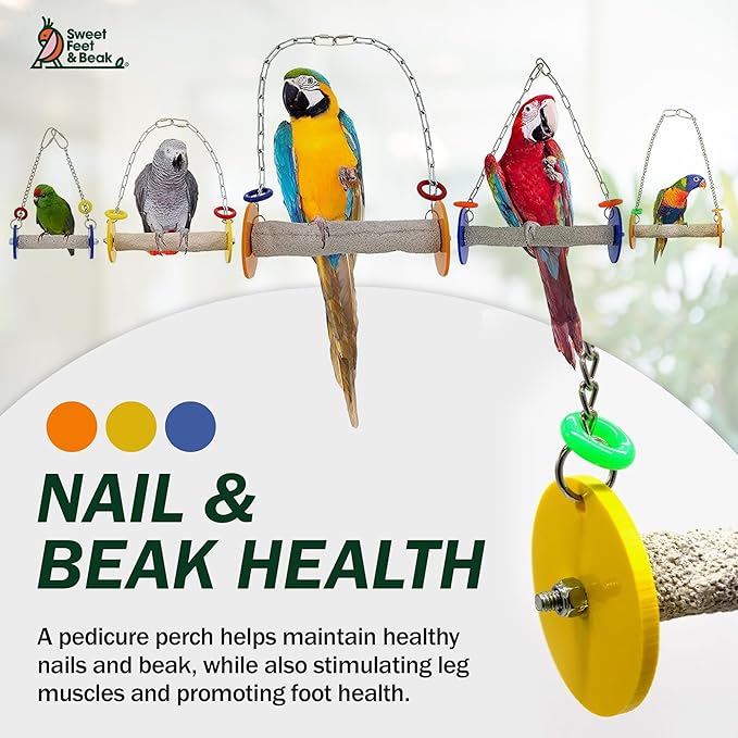 Sweet Feet and Beak Roll Bird Swing - Pumice Perch Bird Toys Trims Nails and Beaks, Safe Bird Cage Accessories for Small and Large Birds, Swinging Toys Birds Will Love, Small 7.5 Inches - Yellow