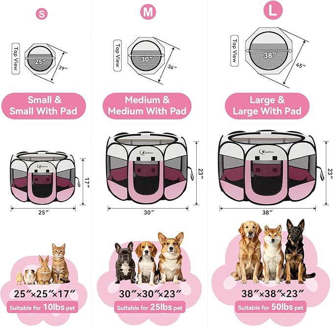 Sieidihit Dog Cat Playpen Tent Crate Cage with Washable Pee Pad, Small Pink | Pet Nursing Enclosure Camping Rest Zone for Recovering Pets New Pet Quarantine Room Portable Pop Up Easy Set up lightweight
