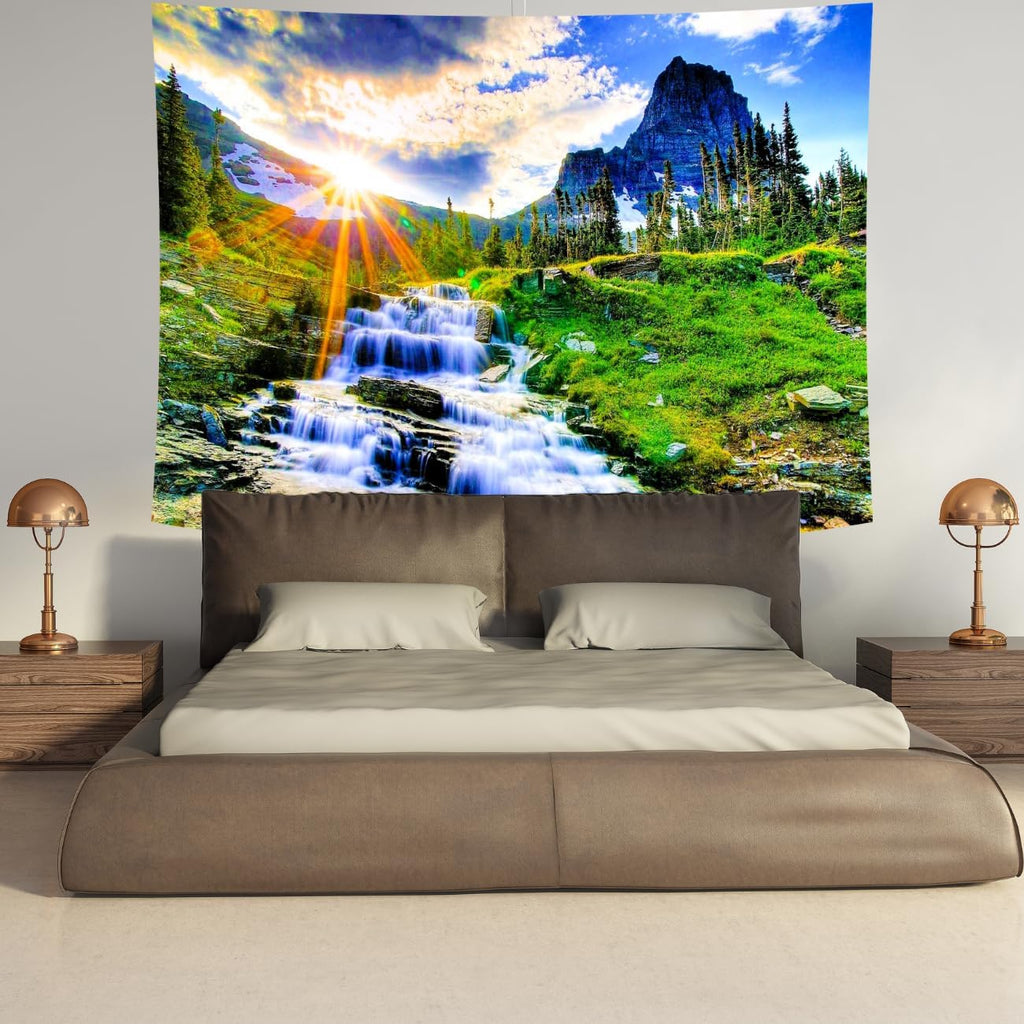 Delur Mountain Waterfall Tapestry Sunset Forest Tree Nature Landscape Tapestry Wall Hanging Tropical Sunrise Rainforest Psychedelic Scenic Headboard for Bedroom Living Room Home Decor (70.8" x 92.5")