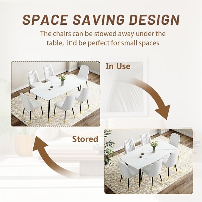 7 Piece Modern Dining Set, 62'' Sintered Stone Dinner Table for 6, 6 Chairs, Easy to Assemble