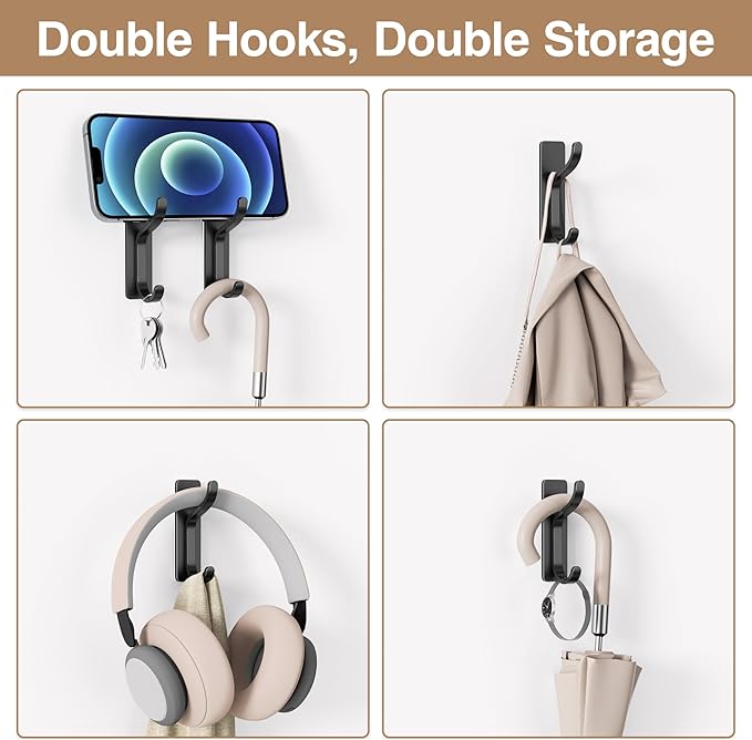 pickpiff 10-Pack Adhesive Wall Coat Hooks - Heavy Duty Stick-On Door Hanger, Metal Hook for Hanging Towel,Purse, Robe, Backpack, Jacket, Clothes - for Bathroom,Dorm, Closet, Kitchen - Black