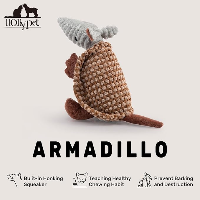 Hollypet Plush Dog Squeaky Toy Stuffed Armadillo Animal Pet Puppy Chew Toys with Clean Teeth for Small Medium Large All Breed Sizes Dogs, Brown and Bronze,8 in