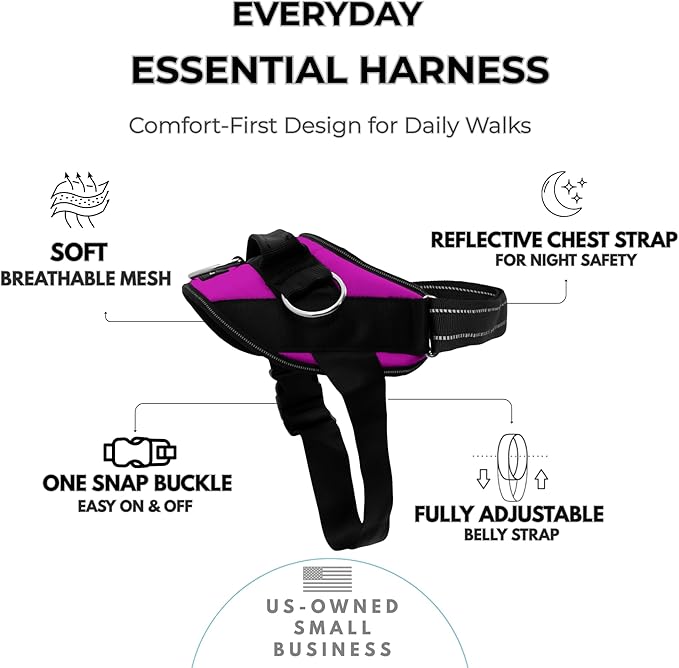 ShawnCo Essential Dog Harness, No-Pull Pet Vest (Orchid,XS) | 3 Leash Clips, Easy On, No-Choke, Reflective, Adjustable Fit, Padded Comfort, Control Handle, For Small, Medium & Large Dogs