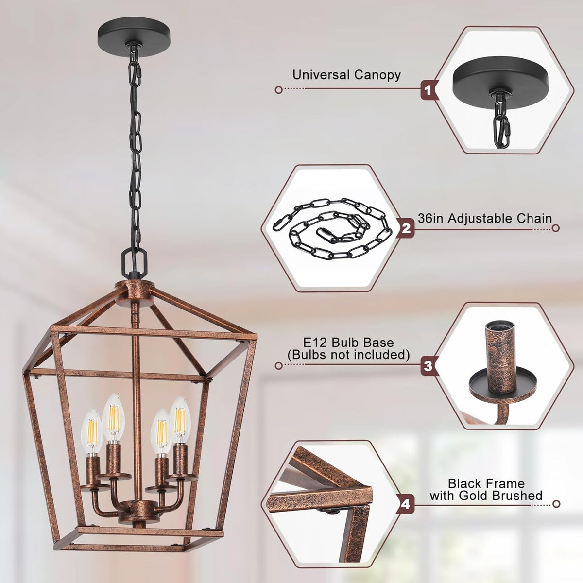 Chandelier for Dining Room, 4-Light Rustic Chandelier Fixtures, Vintage Ceiling Light with Adjustable Height, Antique Bronze Geometric Hanging Light for Bedroom, Foyer, Kitchen, Living Room, Entryway