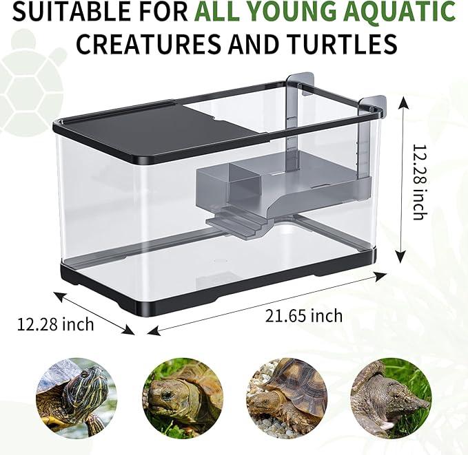 (Tank + Light + Filter + Filter Balls) Turtle Tank Kit, Turtle Tank Starter Kit,Bottom Drainage, Multi-Function Areas for Turtles, Crabs,Fishes, Amphibians,Reptiles. (21.65 × 12.28 × 12.28 Inch)