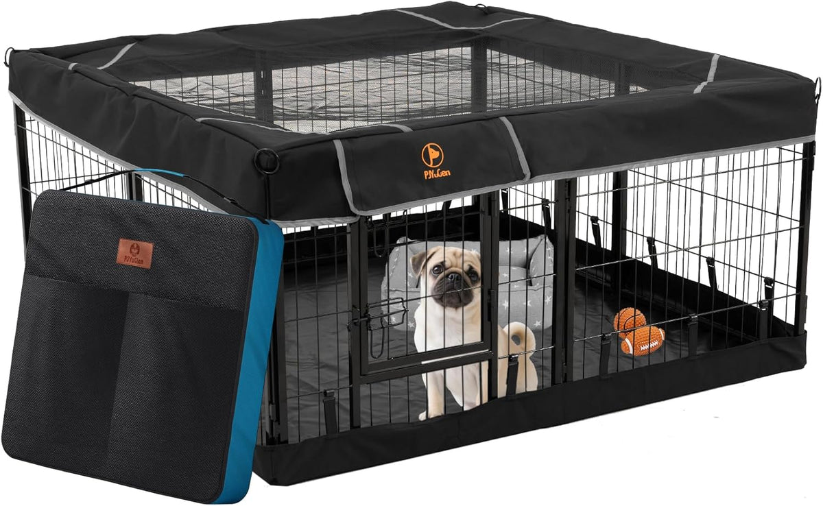 PJYuCien Dog Playpen Outdoor Plus Storage Bag, 24" H 8 Panels Puppy Pen with Square Bottom & Top Cover, Heavy Duty Dog Fence for Camping