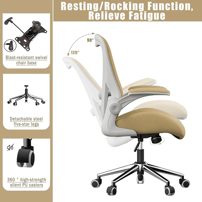 Kahki Ergonomic Office Desk Chair, Soft Fabric Thickened Curved seat Cushion with Adjustable Lumbar Support, Perfect Blend of Comfort and Good Looks, Ideal Chair for Home or Office, Khaki