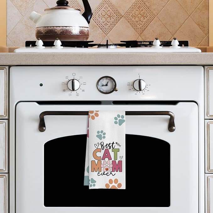 Best Cat Mom Ever Kitchen Towels, Cat Mom Lady Lover Gifts for Women, Cute Kitty Kitten Paw Decorative Dish Tea Hand Towels for Kitchen Bathroom, 16x24 Inches(Style B)
