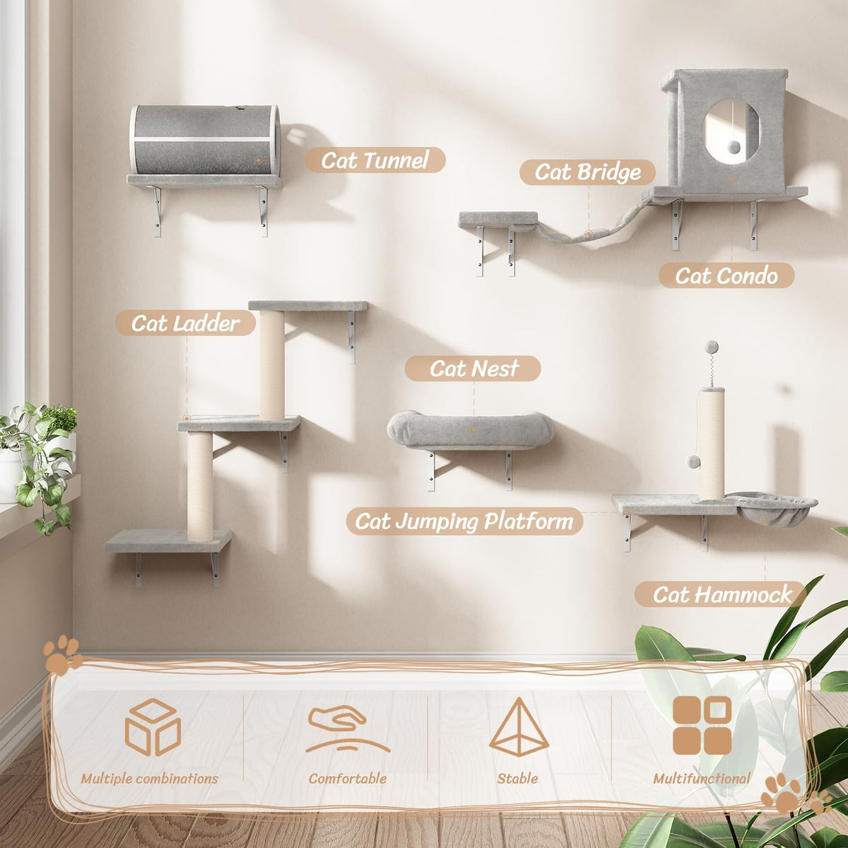 NUNU LAB 7-in-1 Wall Mounted Cat Climber Set, Cat Furniture Set with House, Tunnel, Bridge, Tree, Steps, Scratcher Board, Hammock, Luxury Wall Shelves for Indoor, Gray