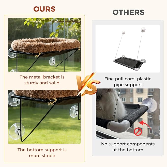 Cat Window Perch, Cordless Cat Hammock Window Seat with Sturdy Metal Frame Supports and 4 Strong Suction Cups (Brown, Long Hair)