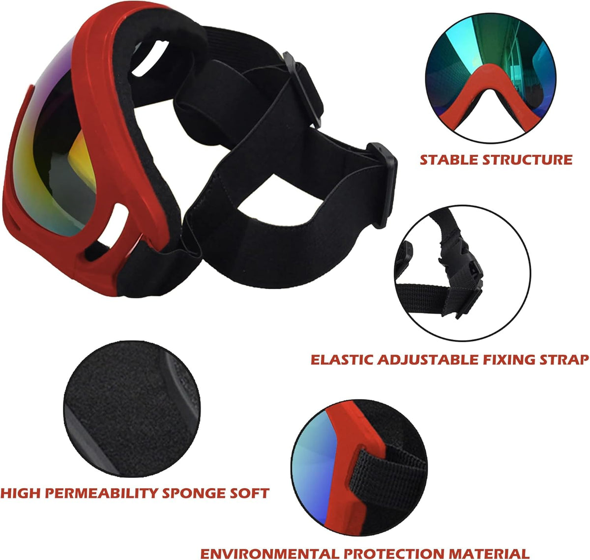 Winproof Adjustable Strap Dog Sunglasses, UV Protection, Soft Goggles (Red Frame)