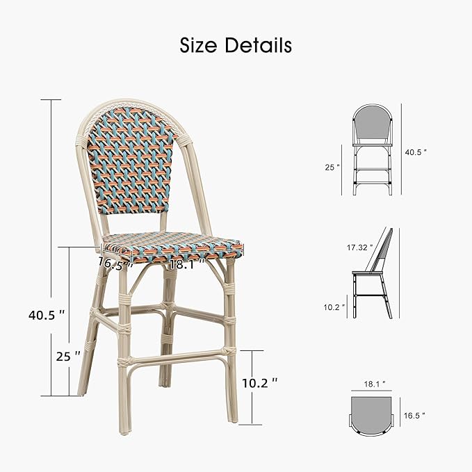 PURPLE LEAF French Counter Height Bar Stool Set of 2 25" White Print Finish Patio Bar Chairs with Back Rattan Bar Chairs French Bistro Set for Kitchen Outdoor Counter Stool Colorful