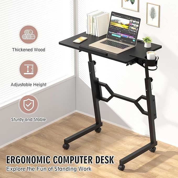 Small Standing Desk with Wheels, Portable Treadmill Desk, Rolling Desk Adjustable Height for Laptop, Mobile Standing Table for Walking Pad, Bedside Table