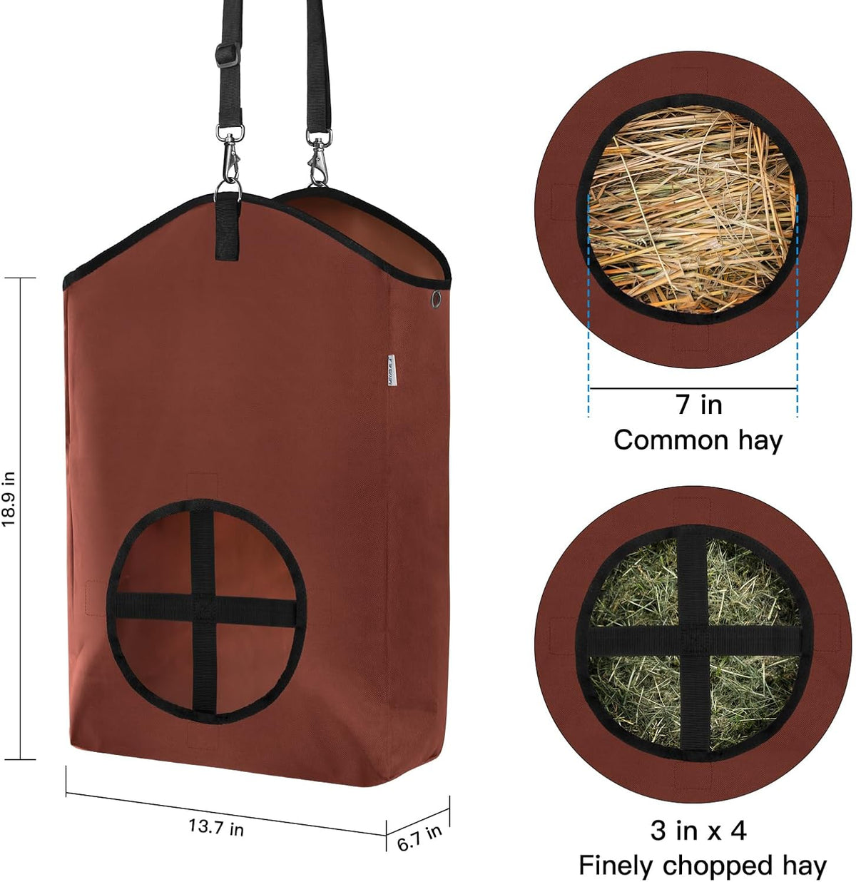 3 Packs Goat Hay Feeder,Hay Bags for Goats,Horses,Sheep,Premium 600D Oxford Cloth,with Metal Fastener and Adjustable Open Feed Hole for Slow Feeding. (2Brown + 1Black)