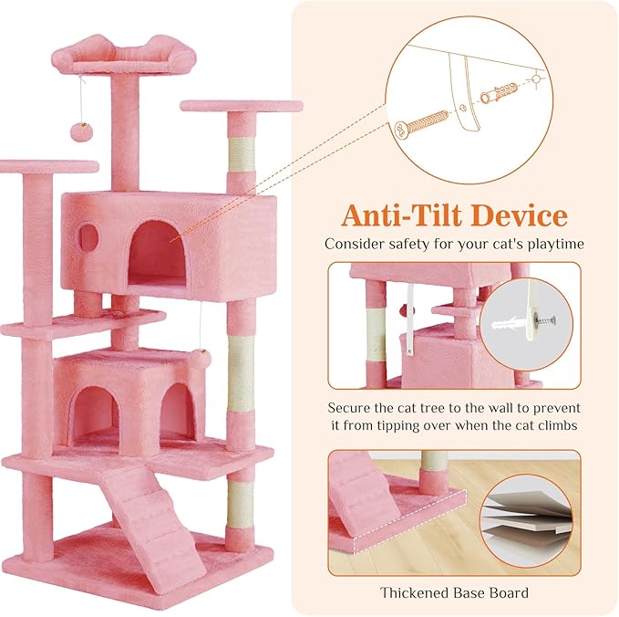 Sweetcrispy 54 Inch Cat Tree Tower, Multi-Level with Cat Scratching Post, Indoor Cat Condo with Climbing Ladder, Plush Toy, Play House for Cat, Pink