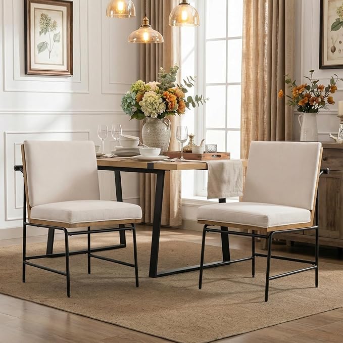 Modern Dining Chairs Set of 2, Comfy Linen Fabric Armless Upholstered Side Chairs with Backrest Wooden Black Metal Legs for Dining Room Living Room, White