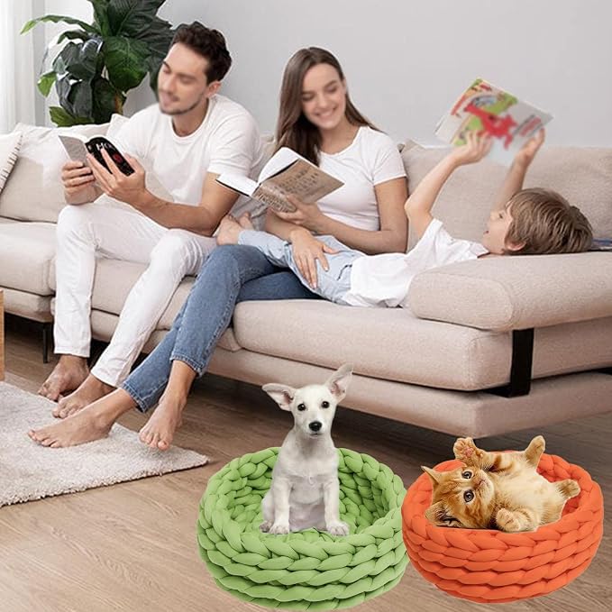 Woven Dog Bed Basket, Knitted Cotton Cat Bed Round Washable Woven Cat Pet Bed Chunky Dog Basket, Orthopedic, Chunky Knit Dog Nest,Dog Bed,Dog Cave,Dog Bedding(Red,23")