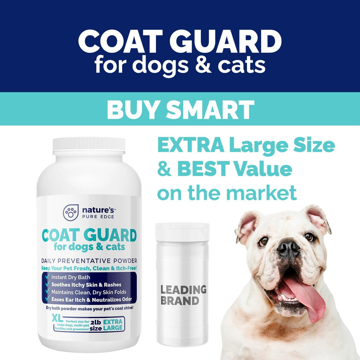 Coat Guard Dry Shampoo for Dogs and Cats - Extra Large 2 lbs Jar, Dog Dry Shampoo Powder, Waterless Dog Shampoo, Anti Itch Relief, Cedar Scented, Anti Dandruff, Hot Spots, Nature's Pure Edge