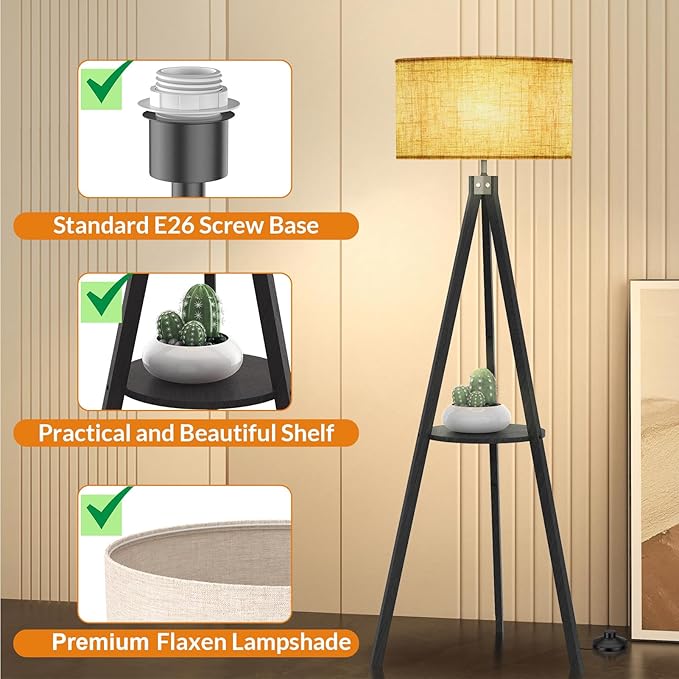 LEPOWER Tripod Floor Lamp, Mid Century Wood Standing Lamp, Modern Design Shelf Floor Lamp for Living Room, Bedroom, Office, Flaxen Lamp Shade with E26 Lamp Base Black