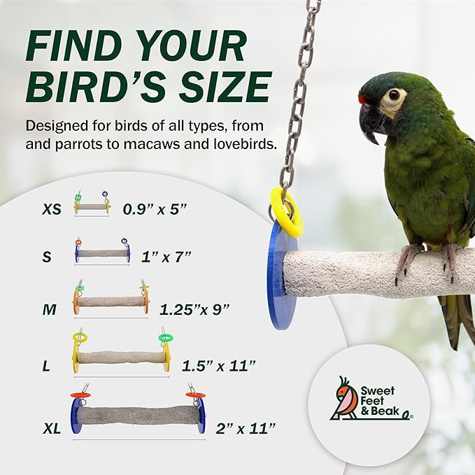 Sweet Feet and Beak Roll Bird Swing - Pumice Perch Bird Toys Trims Nails and Beaks, Safe Bird Cage Accessories for Small and Large Birds, Swinging Toys Birds Will Love, Small 7.5 Inches - Yellow
