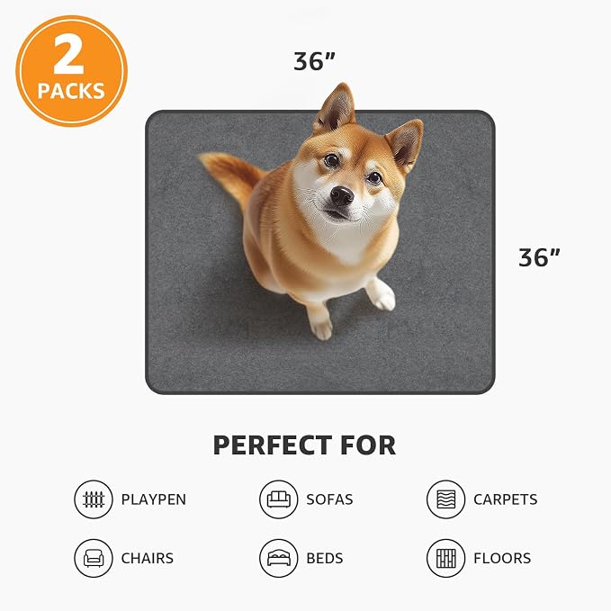 Washable Dog Pee Pads 36x36 2Pack Reusable Puppy Pads, Absorb Dog Mats Non-Slip Puppy Training Pads for Whelping, Potty, Training, Playpen, Crate