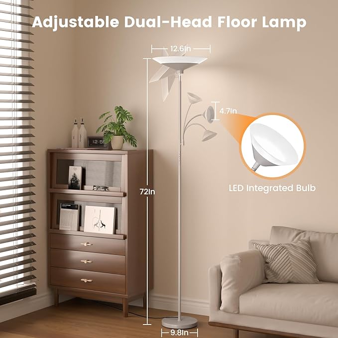 Sliver Gray Torchiere Floor Lamp with Reading Light, 4 Color Temperatures, Dimmable & Individual Light Control Standing Lamp, 34W Bright Tall Lamp with Remote for Living Room Bedroom Office
