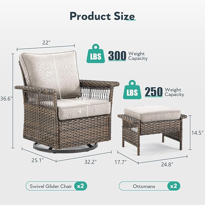 Outdoor Swivel Glider Chairs - 4 Pieces Hollow Widen Armrests Wicker Patio Furniture Set with Ottomans, High Back Outside Swivel Rocker for Balcony Porch Deck and Yard - Brown/Beige