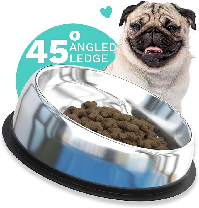 Enhanced Pet Bowl, Stainless Steel Slanted Dog Bowl with Raised Ridge for Flat-Faced Dog Breeds or Cats, Food-Grade Non-Slip No Spill Bowl for Dogs, Less Mess, Less Gas, and Better Digestion (Small)