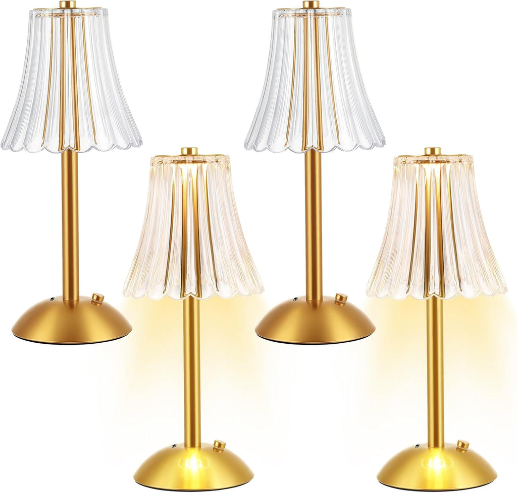 Liliful 4 Pcs LED Portable Cordless Table Lamp Touch Battery Operated Rechargeable Desk Lamp 3 Color Dimmable for Bedroom Living Room Dining (Rose Style,Gold)