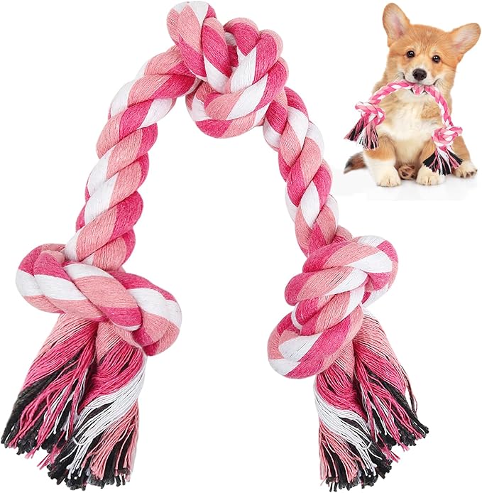 SZEE Dog Rope Toy, 14 in 3 Knots Chew Rope for Small Medium Dogs, Natural Cotton Pull Toy for Tug of War and Teeth Cleaning (Pink)