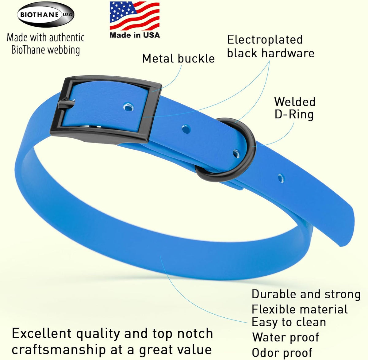 Dogline Biothane Waterproof Dog Collar Strong Coated Nylon Webbing with Black Hardware Odor- Proof for Easy Care Easy to Clean High Performance Fits Small Medium or Large Dogs, Cerulean Blue